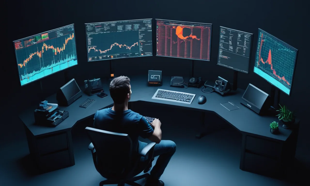 Un desarrollador de juegos sentado frente a una pantalla de ordenador mostrando código y gráficos financieros.