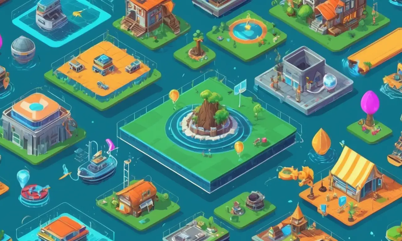 Una ilustración de arte conceptual que muestra varios avances tecnológicos y desafíos de desarrollo de juegos.