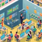 Un maestro de pie delante de una pantalla de ordenador mostrando un juego