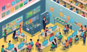 Un maestro de pie delante de una pantalla de ordenador mostrando un juego