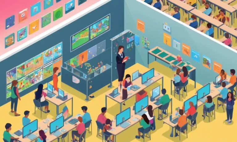 Un maestro de pie delante de una pantalla de ordenador mostrando un juego