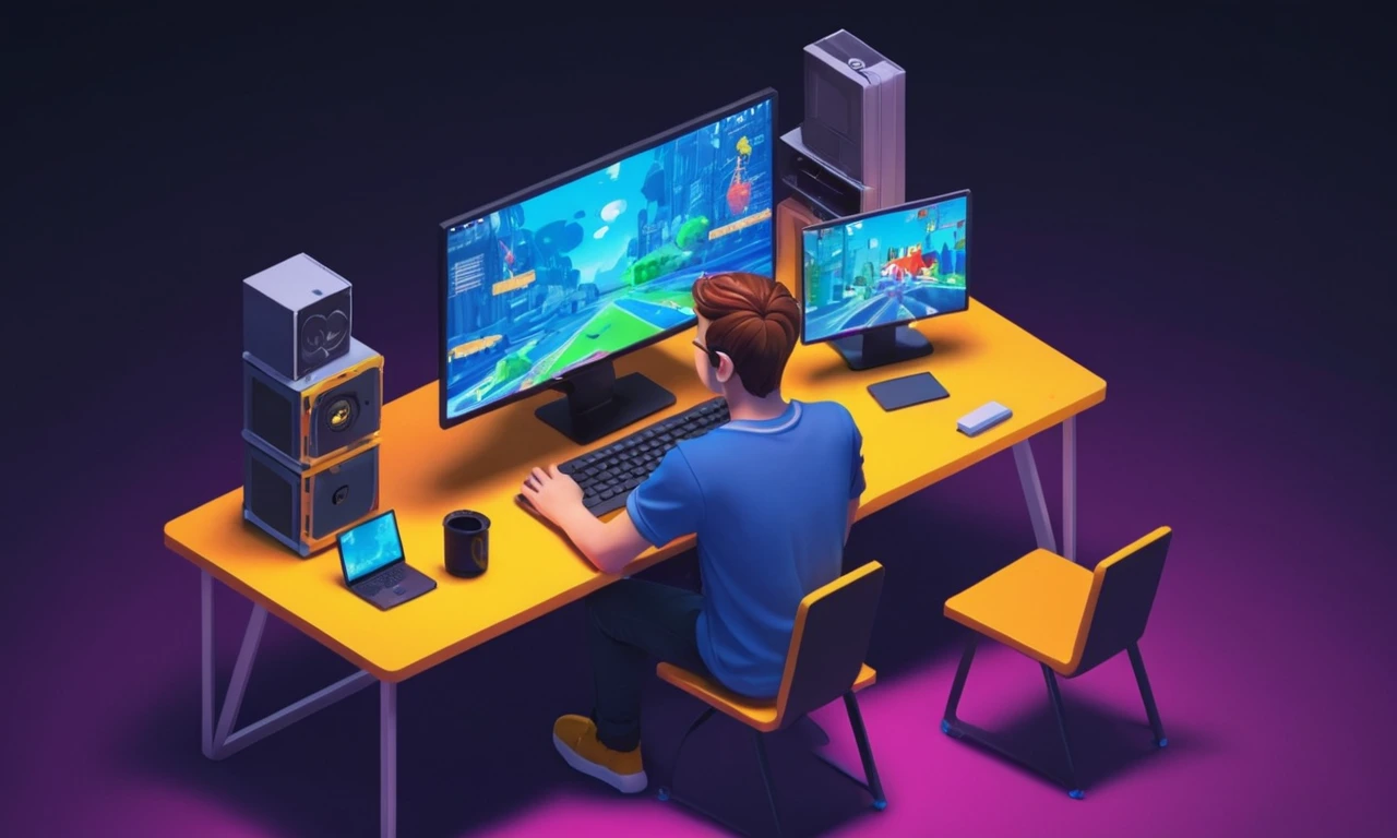Un estudiante sentado en un escritorio con un software de desarrollo portátil y juego abierto en la pantalla.