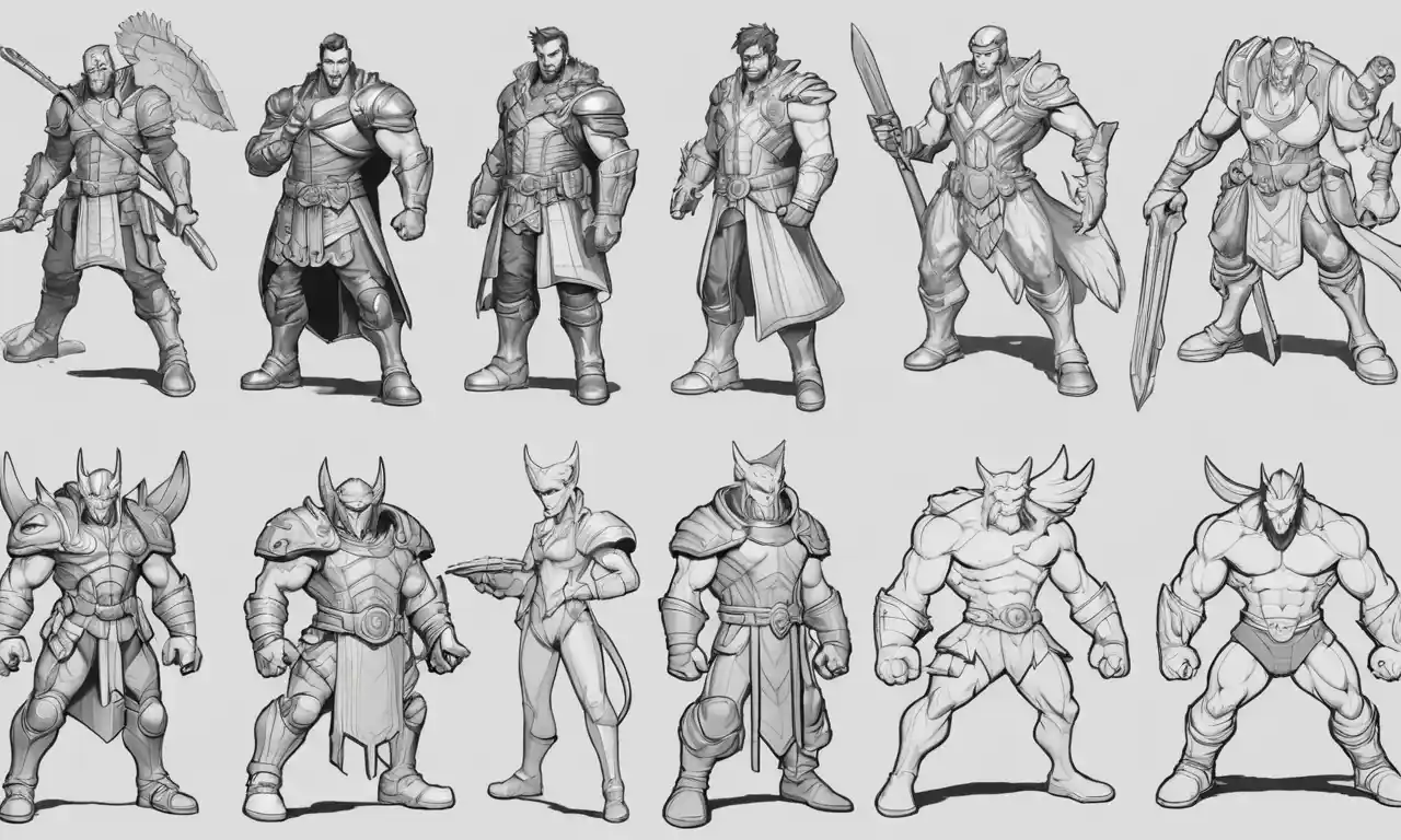 Una imagen de pantalla dividida que muestra la evolución de un diseño de personajes de juegos de bosquejos ásperos a versiones finales.