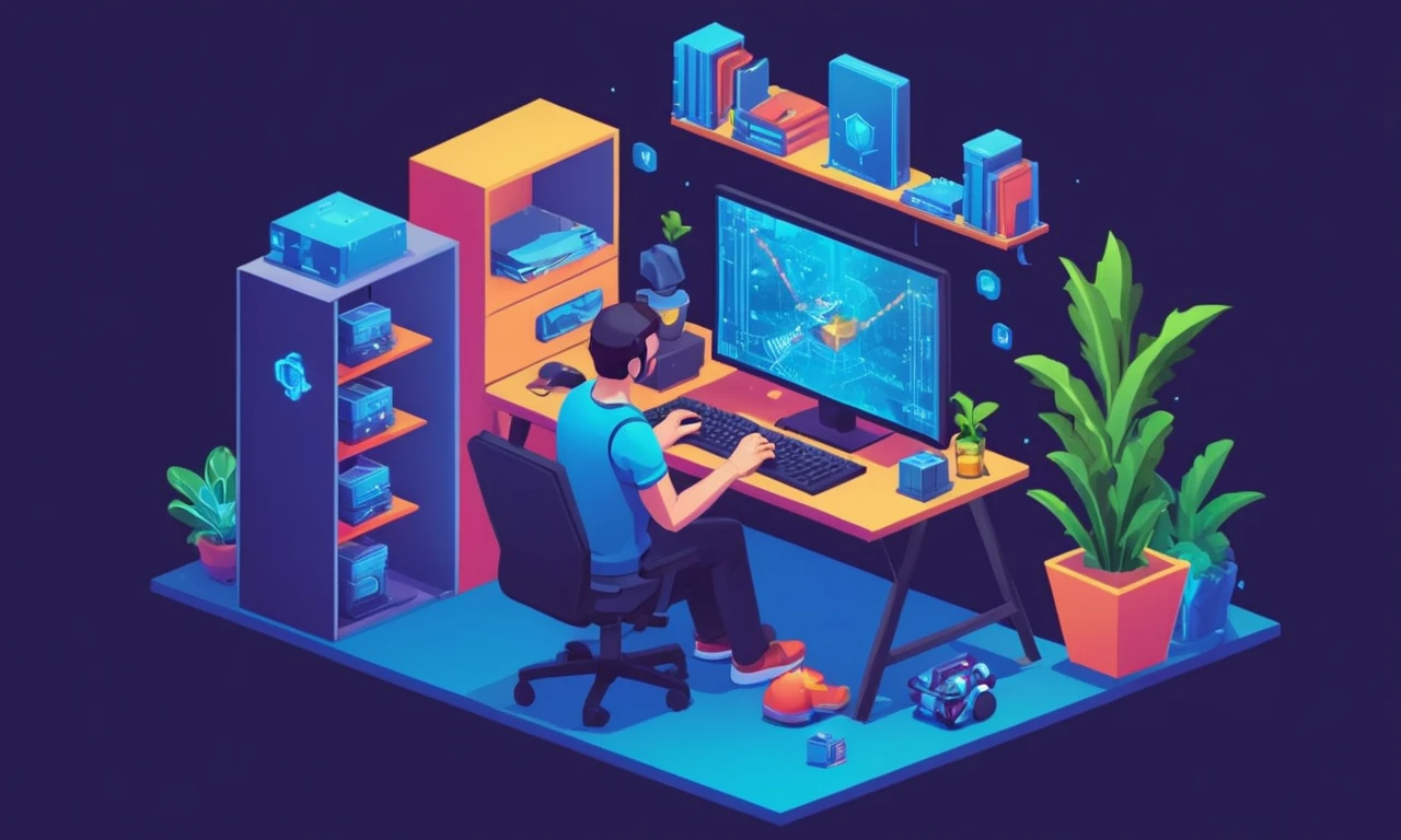 Un desarrollador de juegos trabajando en un ordenador con elementos de diseño de código y juego.