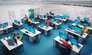 Desarrolladores de juegos sentados en escritorios rodeados de pantallas