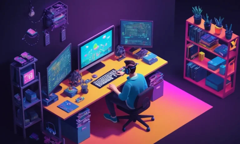 Un programador sentado en un escritorio con un software de desarrollo de juegos abierto