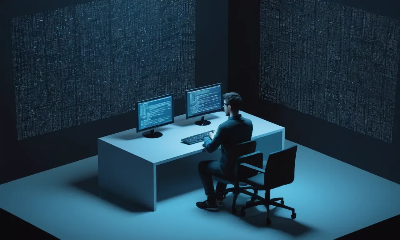 Un desarrollador sentado frente a un ordenador con múltiples archivos de código y ramas visibles en la pantalla.