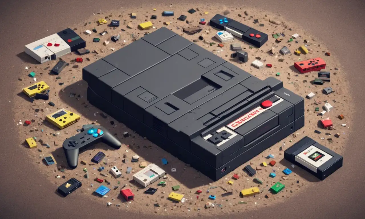 Una colección de consolas de videojuegos icónicos y cartuchos dispersos entre polvo y nostalgia