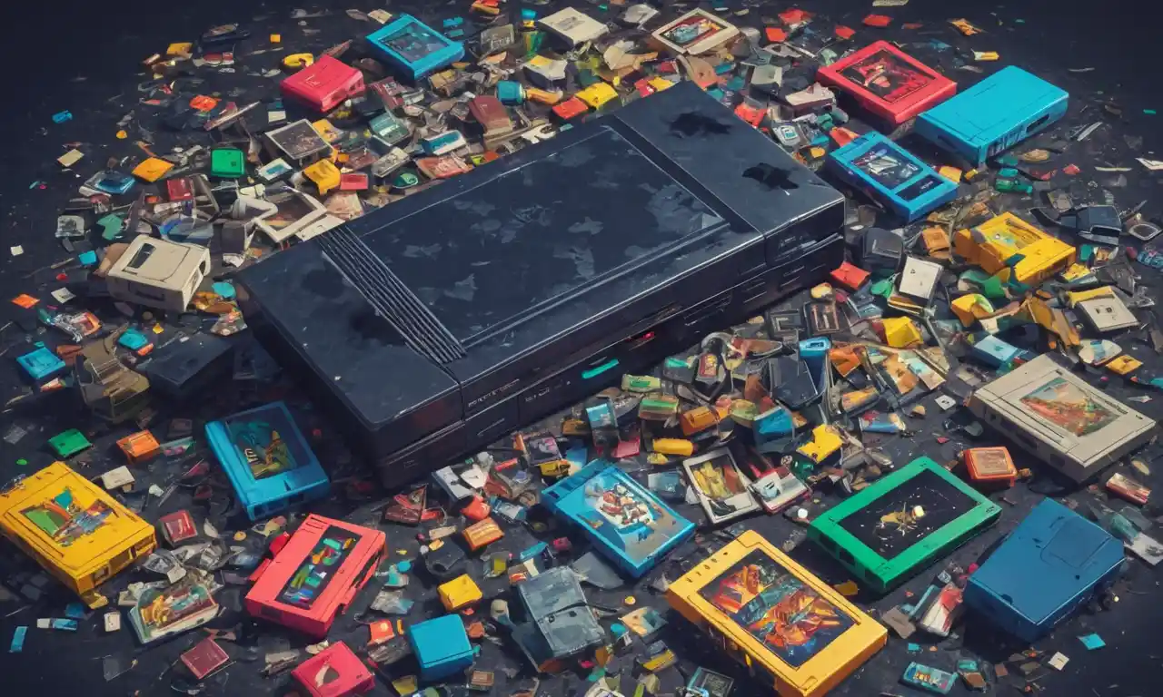 Un jugador nostálgico que sostiene una consola retro rodeada de cartuchos y recuerdos de juego destruidos o perdidos.