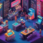 Un jugador nostálgico rodeado de máquinas de arcade retro y juegos educativos.