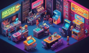 Un jugador nostálgico rodeado de máquinas de arcade retro y juegos educativos.