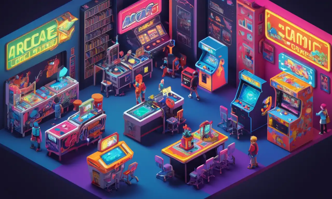 Un jugador nostálgico rodeado de máquinas de arcade retro y juegos educativos.