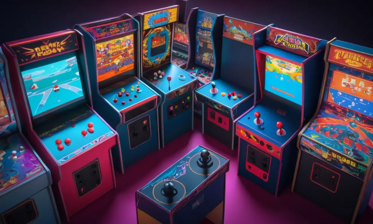 Una persona jugando juegos de arcade clásicos en una antigua consola, con pantallas que muestran innovaciones de juego educativos modernas en el fondo.