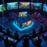 Un grupo de jugadores sentados frente a una pantalla grande que muestra varios videojuegos.