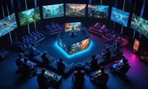 Un grupo de jugadores sentados frente a una pantalla grande que muestra varios videojuegos.