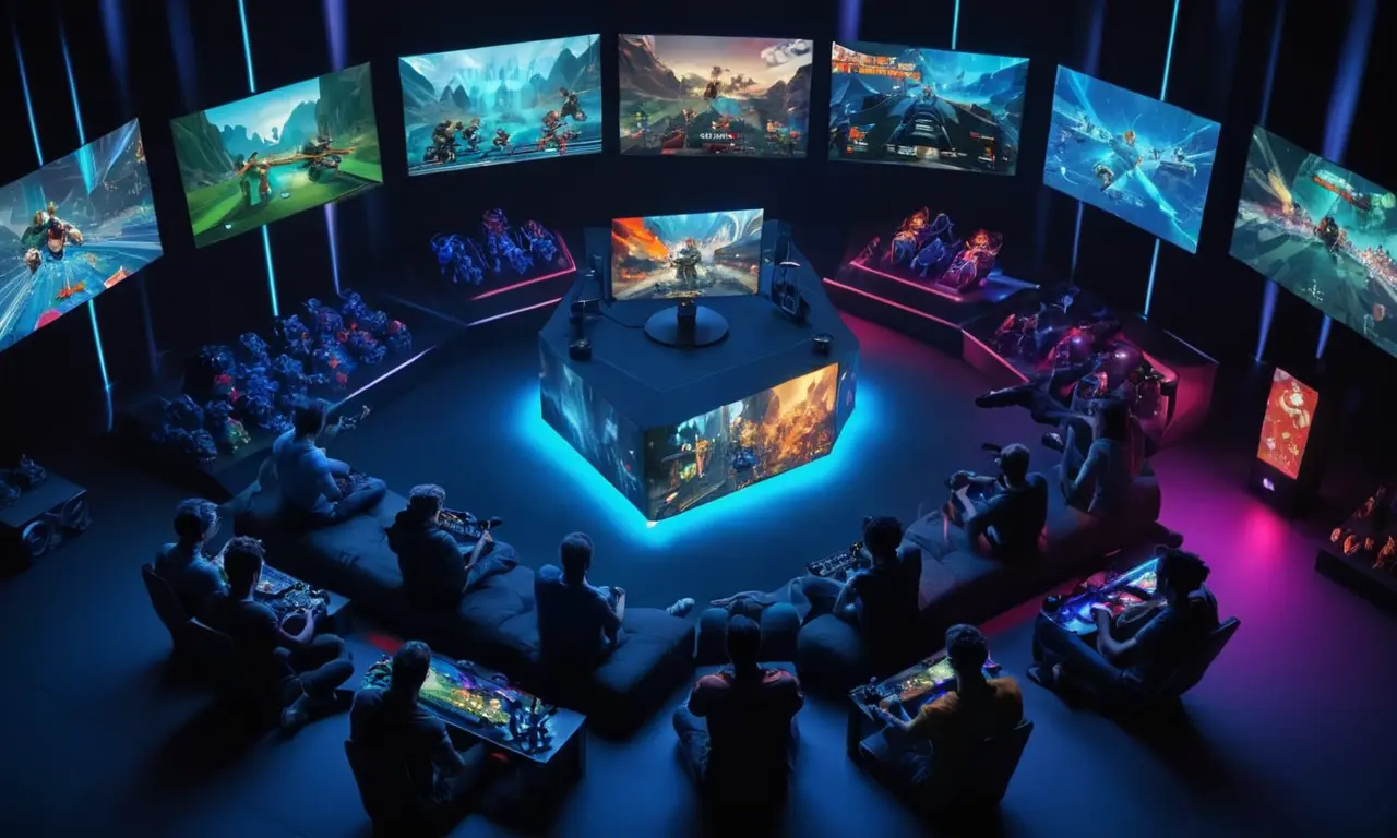 Un grupo de jugadores sentados frente a una pantalla grande que muestra varios videojuegos.