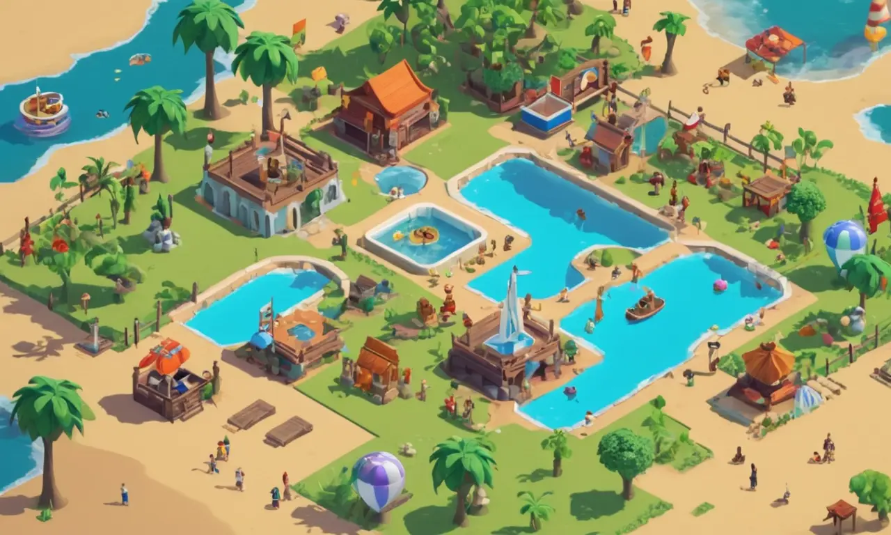 Una captura de pantalla de un juego de sandbox con jugadores que interactúan en un mundo virtual, rodeado de iconos culturales y sociales.