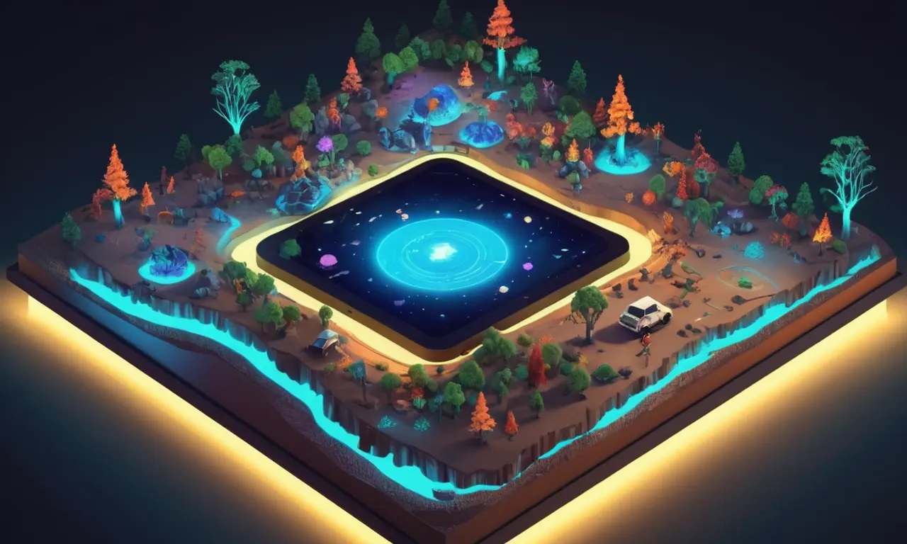 Una pantalla de ordenador futurista que muestra un juego de sandbox con paisajes digitales en evolución.