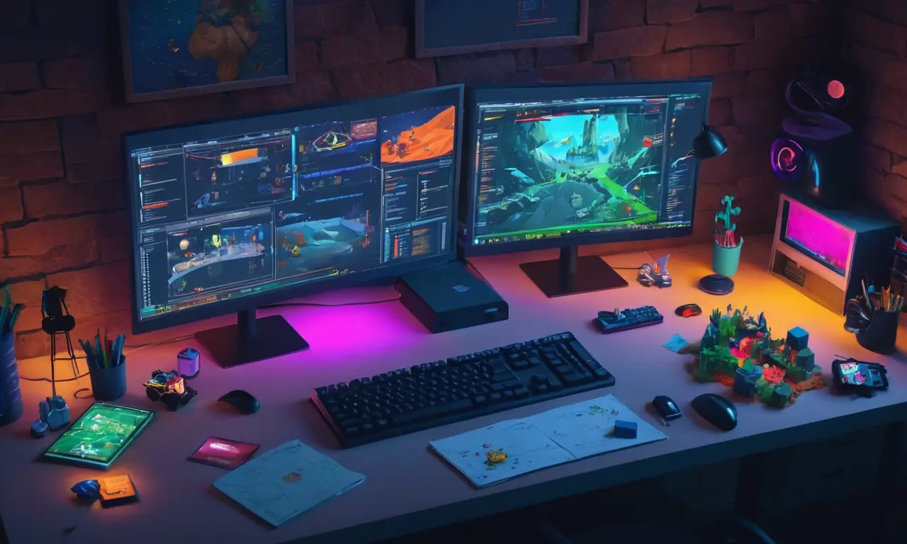 Pantallas informáticas antiguas y software de desarrollo del juego desordenado escritorio con notas sobre la evolución de los juegos de sandbox.