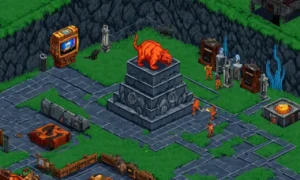 Una captura de pantalla del juego Primal Rage en una antigua consola de juegos rodeada de gráficos de computadora retro y elementos nostálgicos.