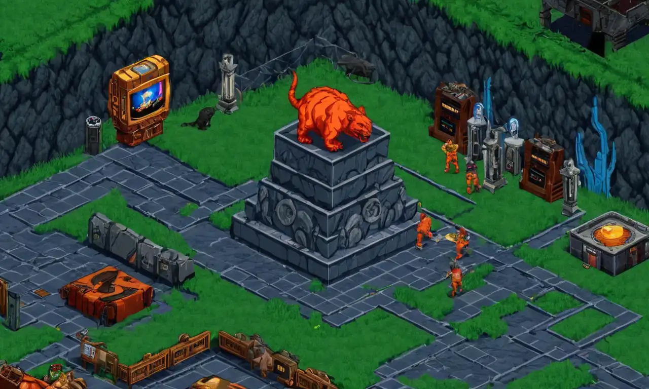 Una captura de pantalla del juego Primal Rage en una antigua consola de juegos rodeada de gráficos de computadora retro y elementos nostálgicos.