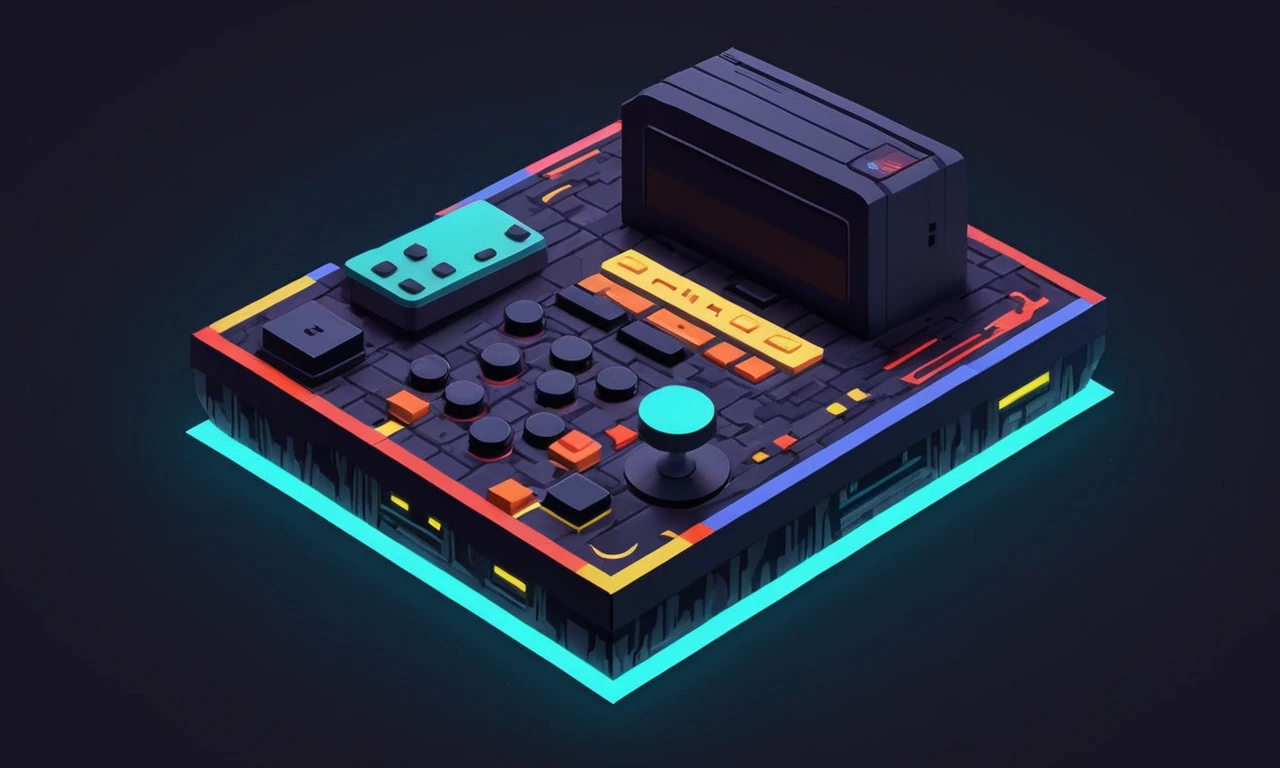 Un controlador de consola retro-estilo rodeado de arte pixel del juego Primal Rage.