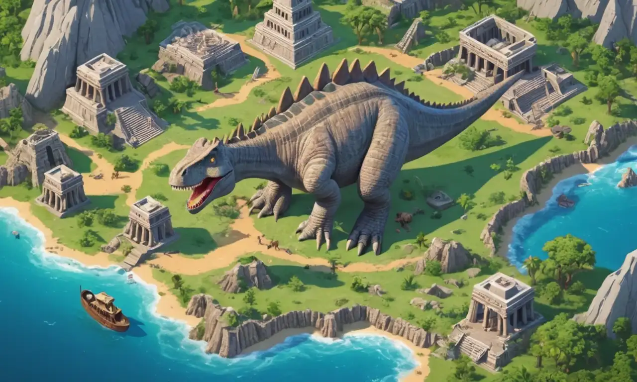 Un paisaje prehistórico con una enorme criatura como dinosaurios que emerge de la tierra, rodeada de ruinas antiguas y artefactos humanos dispersas.