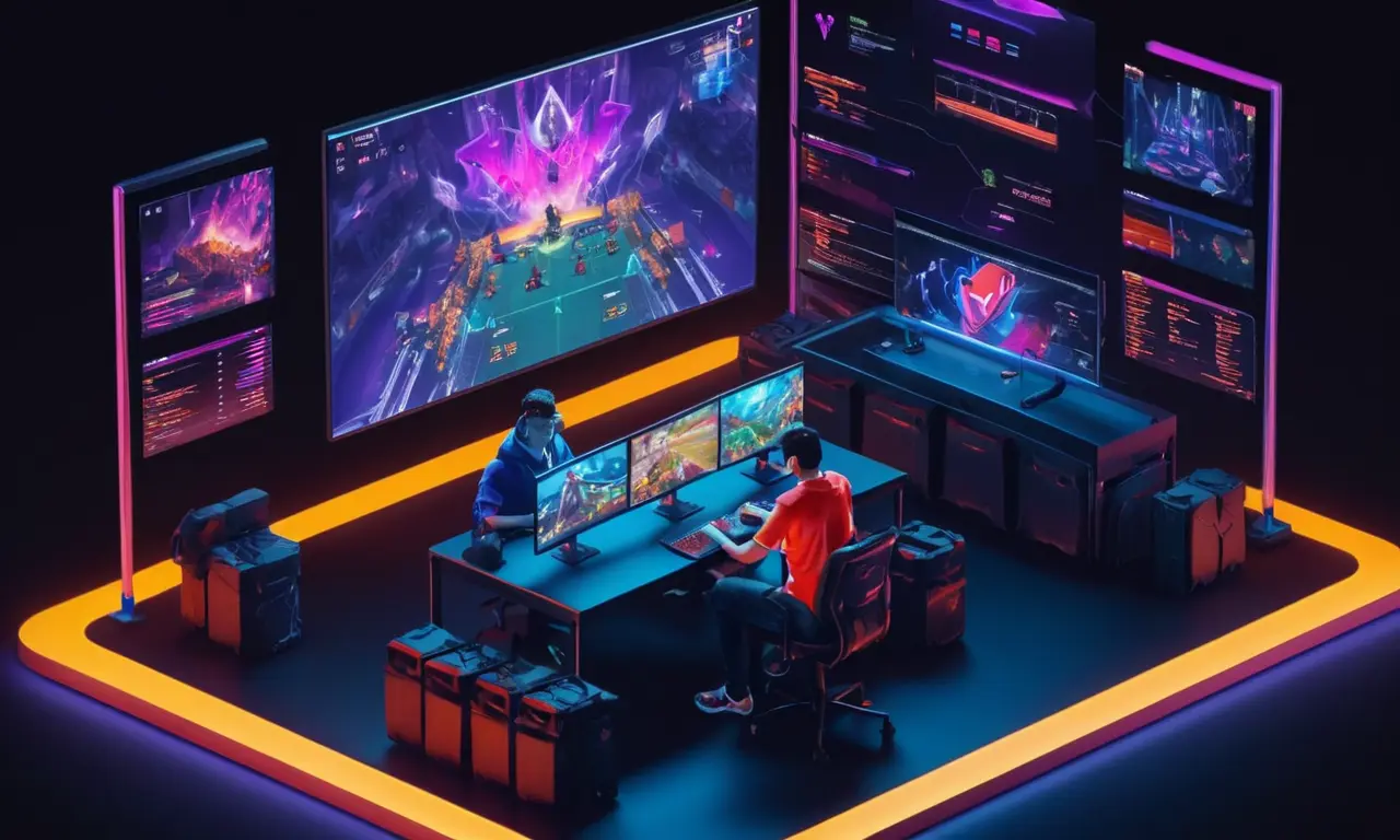 Un jugador compitiendo en un torneo con una pantalla grande que muestra el juego y un portátil abierto a notas de codificación.