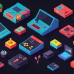 Una línea de tiempo de juegos de arcade y consolas evolucionando a través de los años.