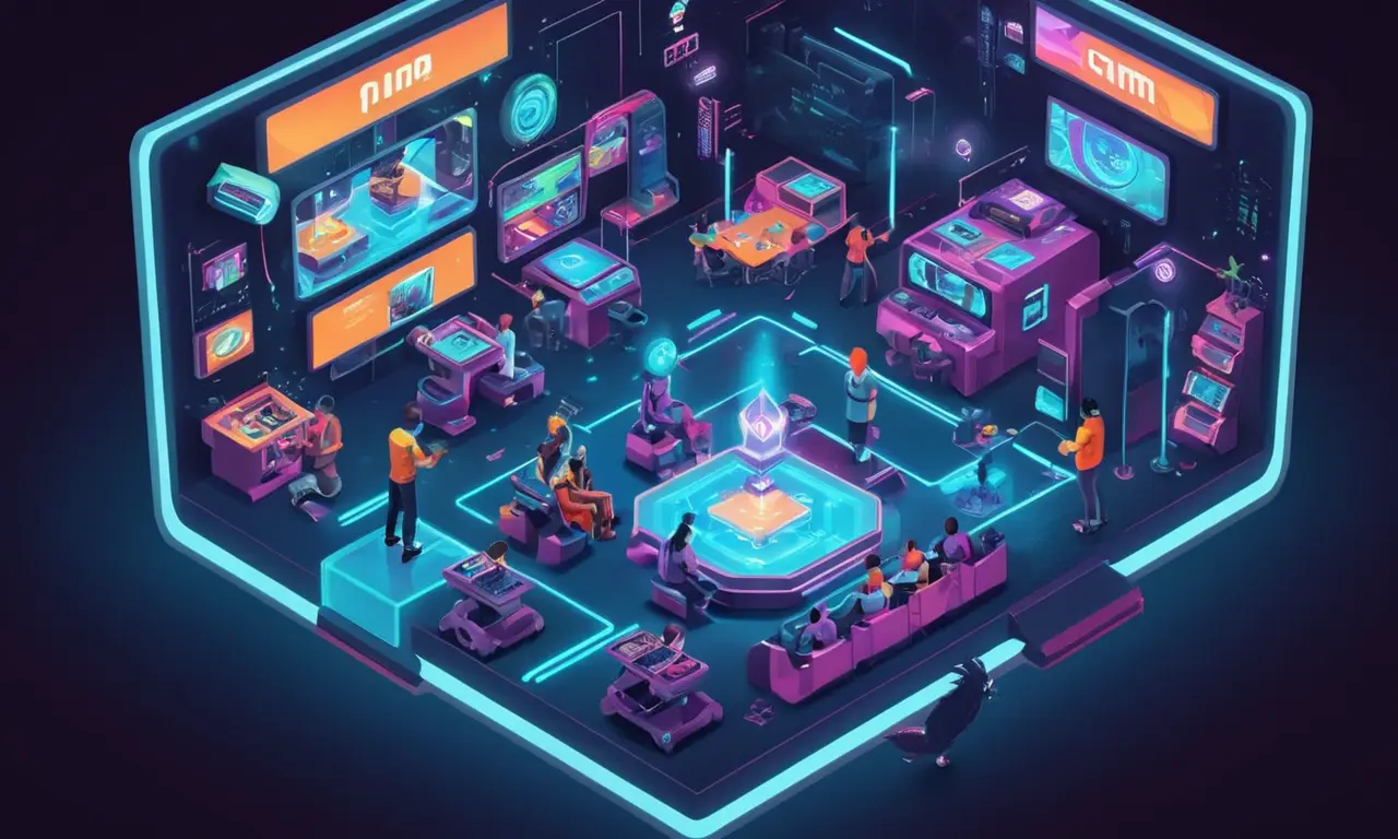 Concepto ilustración de los jugadores que interactúan con la tecnología de juego futurista.