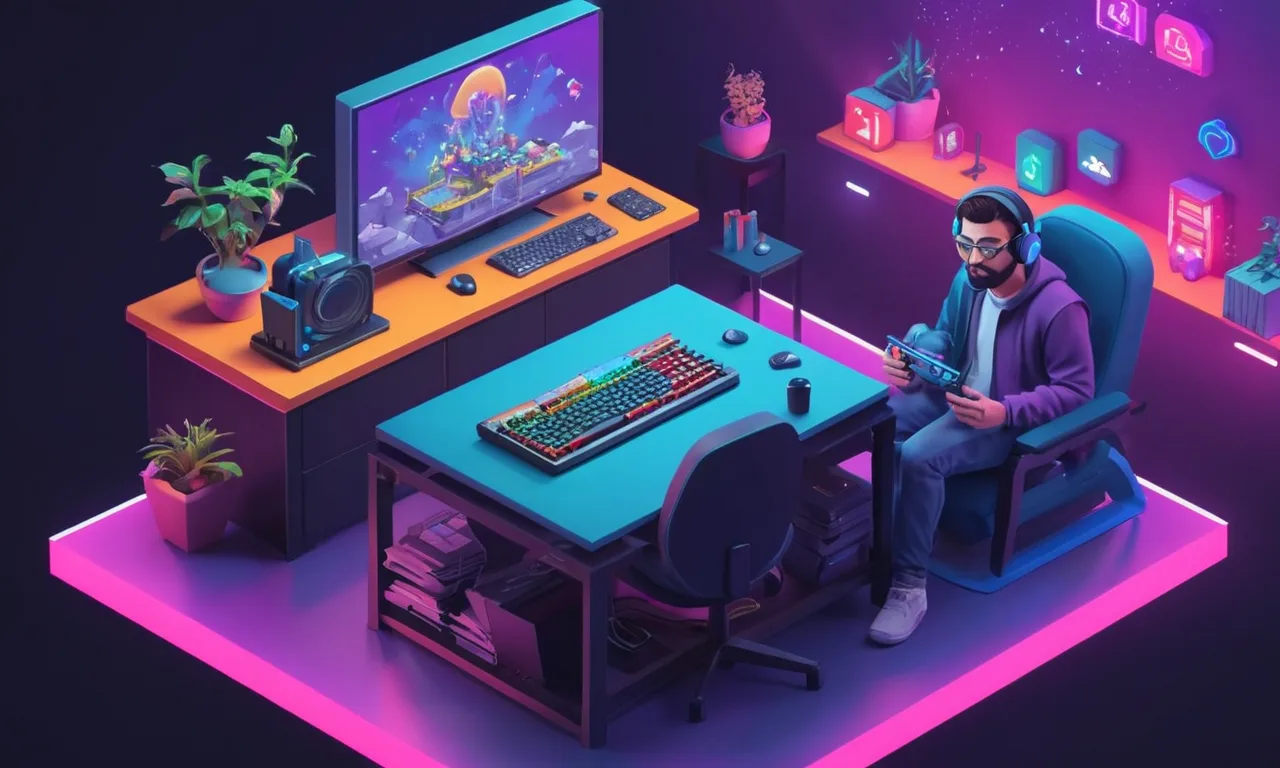 Un jugador jugando un juego en una consola con una burbuja de pensamiento y un desarrollador en el fondo recibiendo comentarios del usuario.