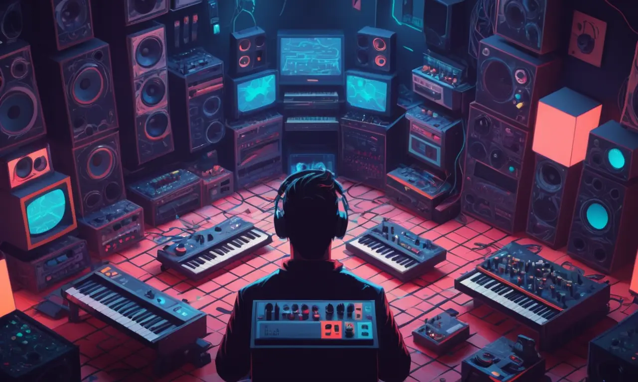 Un músico rodeado de sintetizadores vintage y controladores de juego, con gráficos pixelados en pantallas en el fondo.