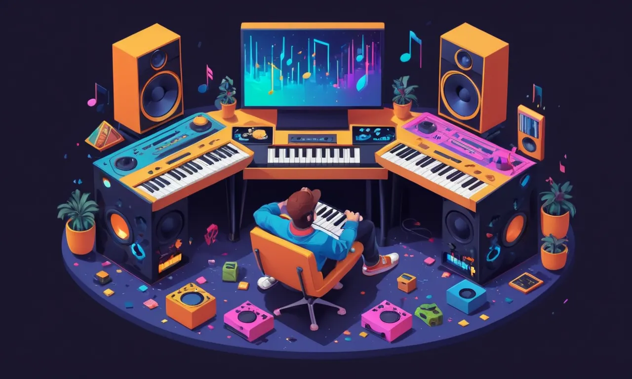 Un músico sentado frente a una consola con juegos retro y notas musicales modernas que los rodean.