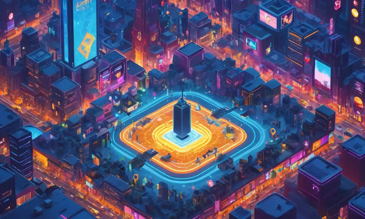 Un avatar jugadores se encuentra orgulloso en medio de un vibrante paisaje urbano digital, rodeado de iconos y símbolos que representan su identidad virtual.