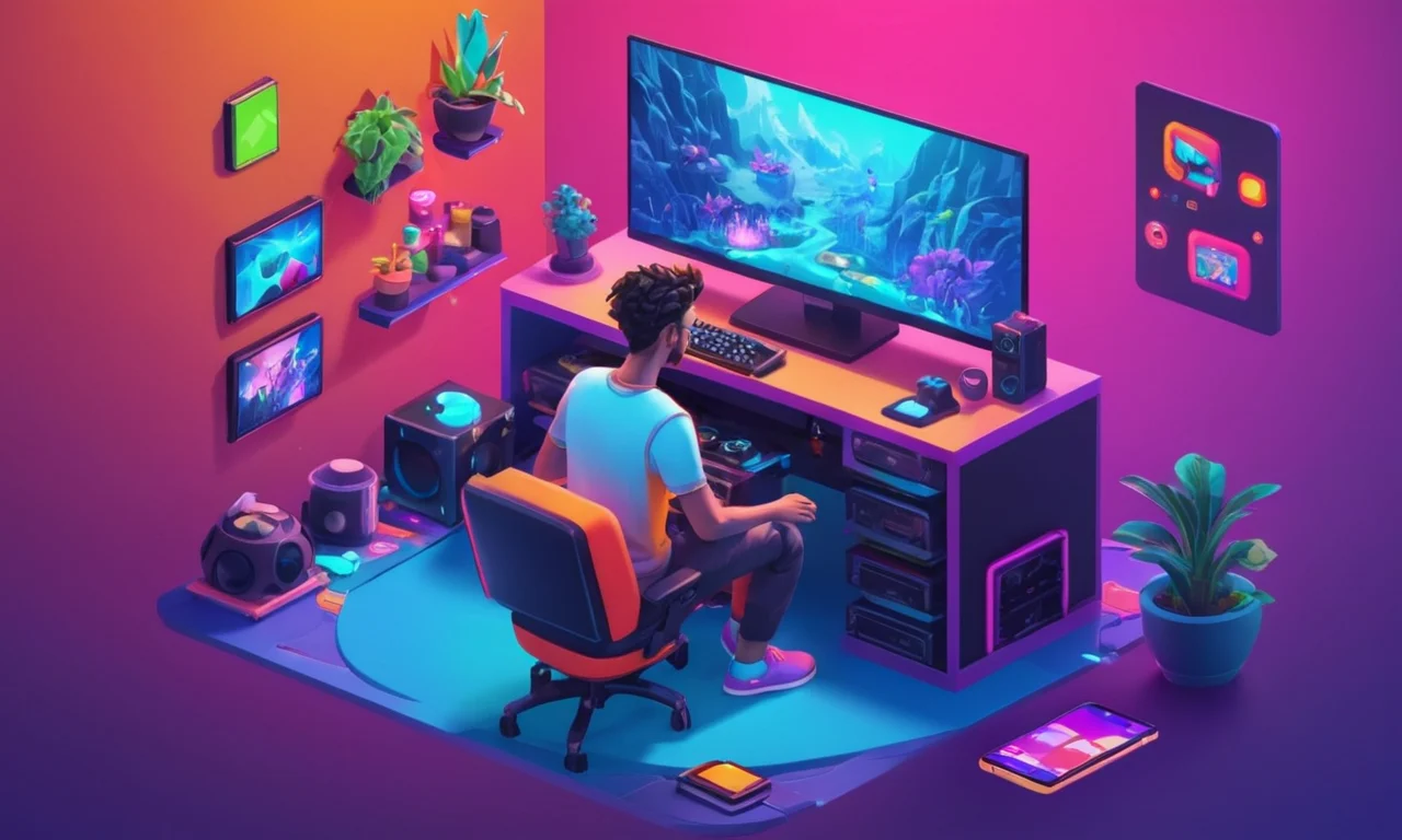 Un jugador creando un personaje de Avatar en una pantalla, rodeado de controles de juego y colores vibrantes.