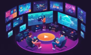 Un jugador que sostiene un controlador rodeado de pantallas que muestran gráficos de impacto social de un juego.