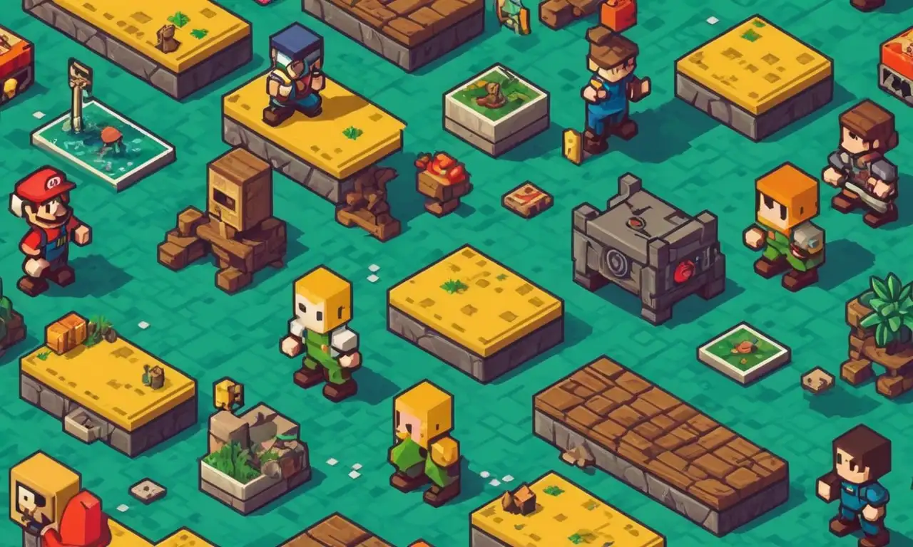 Pixels formando personajes icónicos de videojuegos clásicos en una pantalla con un fondo nostálgico.