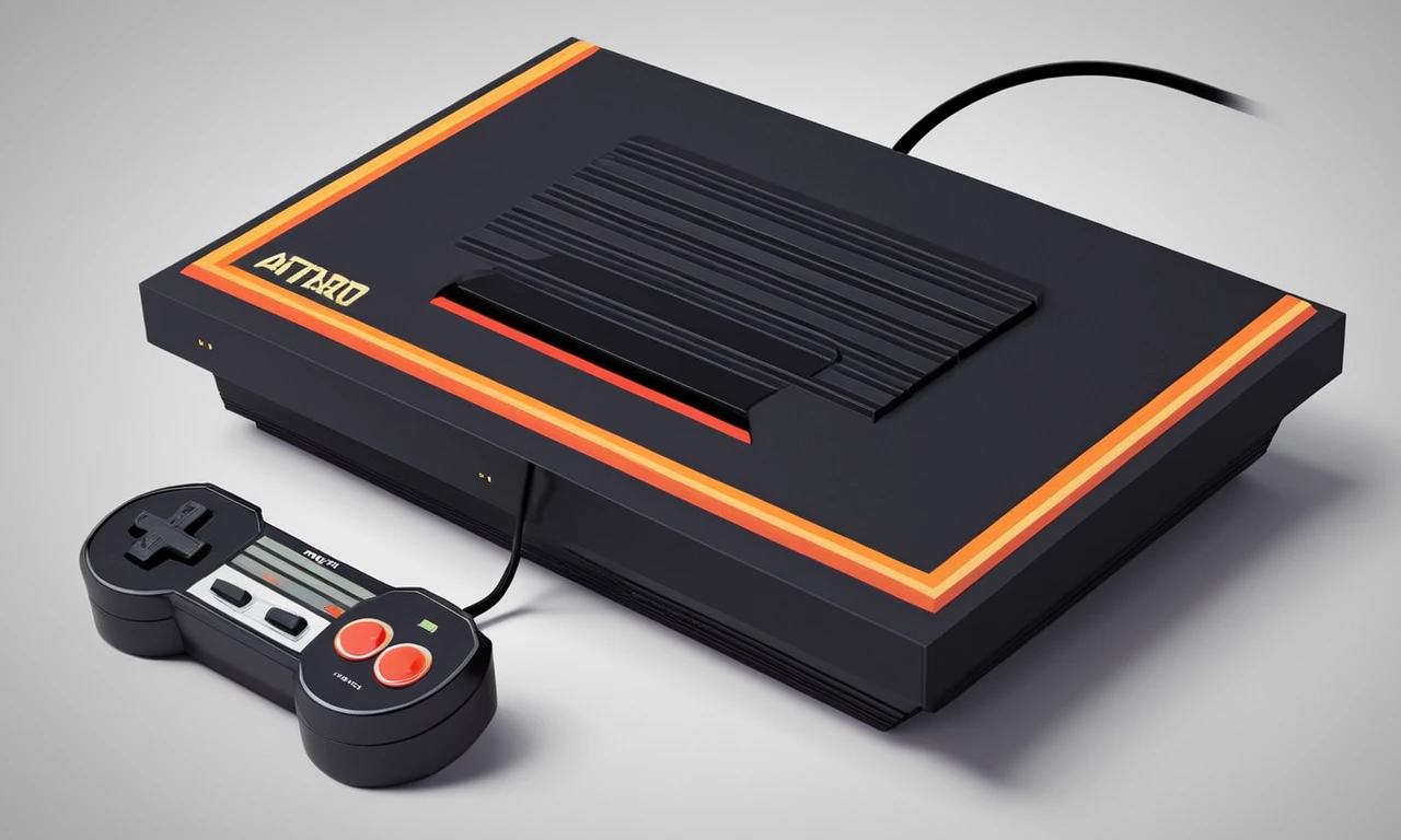 Una ilustración retro-estilo de la consola y controlador original Atari 2600.