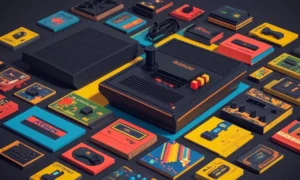 Una antigua consola Atari 2600 rodeada de cartuchos retro juego y accesorios de juegos nostálgicos.