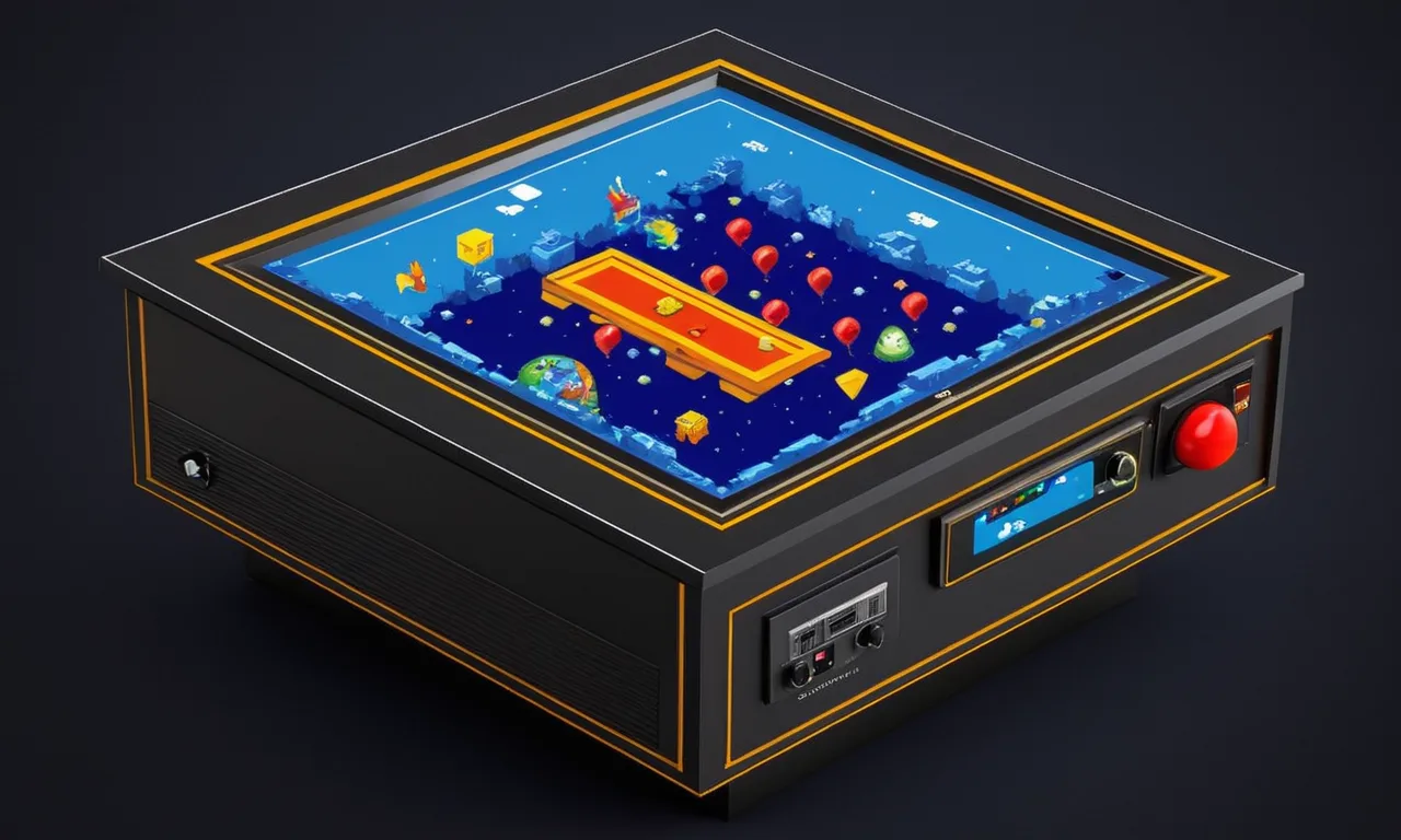 Una ilustración nostálgica de los icónicos juegos de Atari 2600 como Pac-Man, Space Invaders y Asteroids en una pantalla de TV retro.