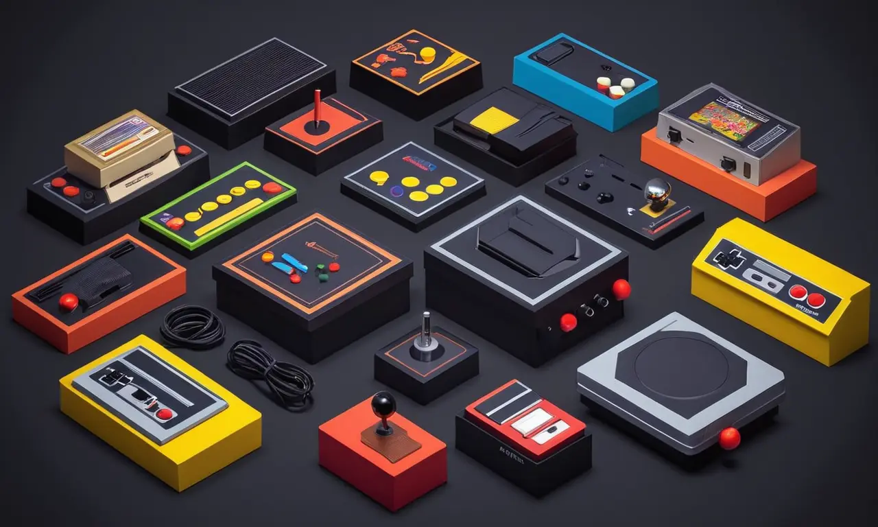 Una escena nostálgica que muestra la consola original de Atari 2600 y juegos icónicos junto con máquinas de arcade retro.