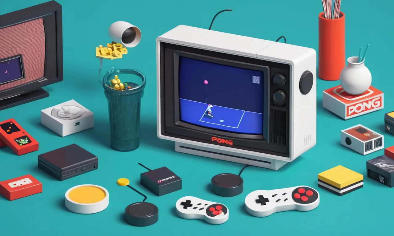 Una consola retro juego que muestra el icónico juego Pong en una pantalla de televisión