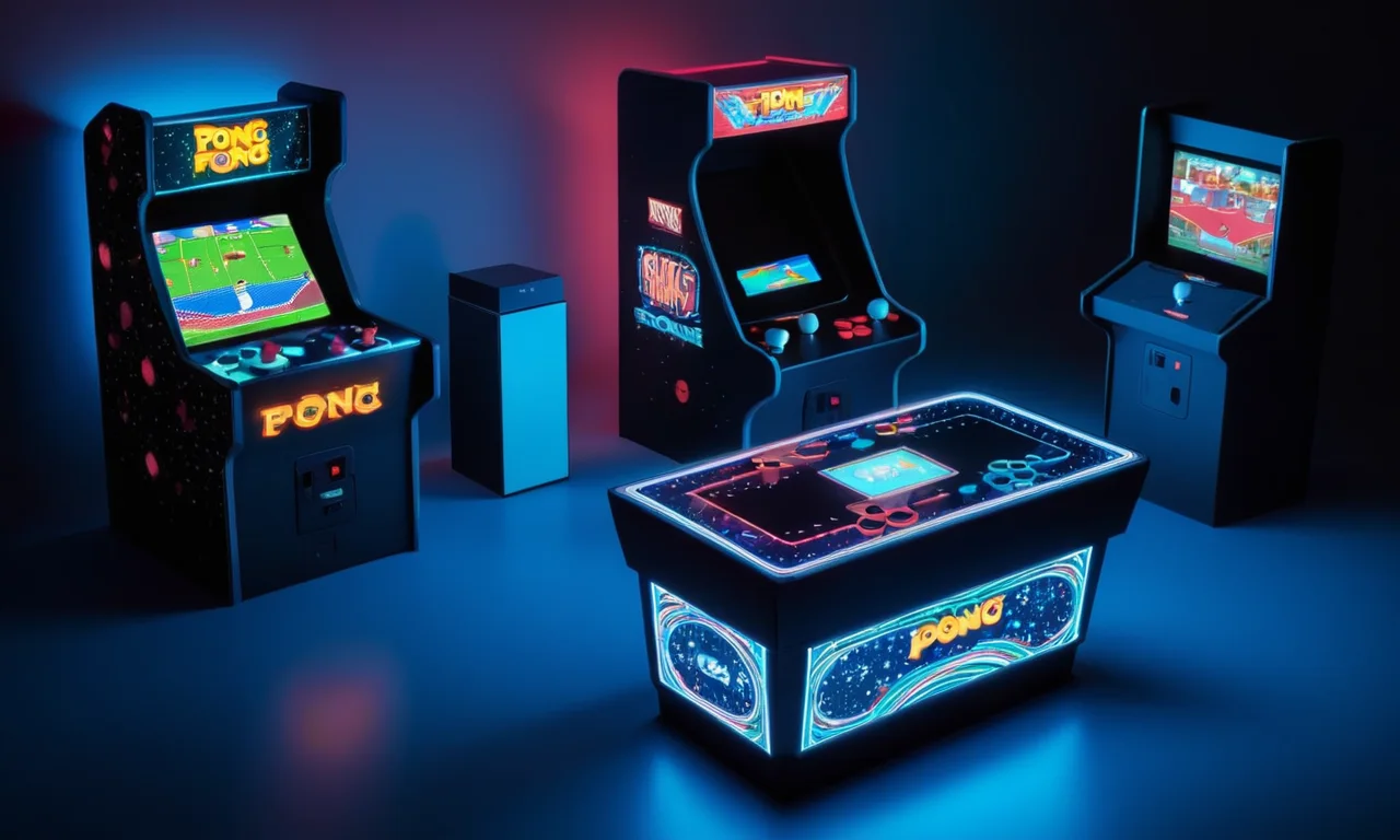 Una máquina de arcade histórica jugando Pong junto a la consola de juego moderno y pantallas de teléfono inteligente.