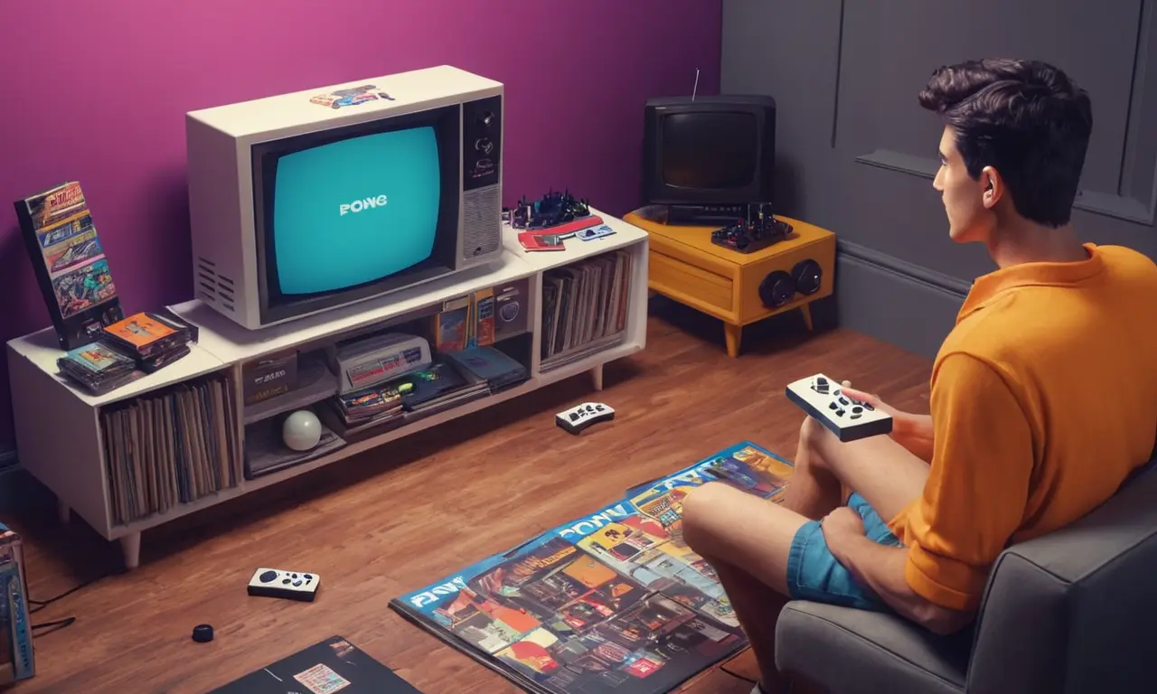Un jugador nostálgico sentado frente a un viejo televisor jugando Pong, rodeado de consolas y revistas de juegos retro.