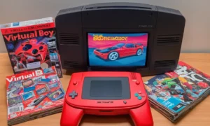Una persona que sostiene la consola Virtual Boy junto a viejas revistas de juego.