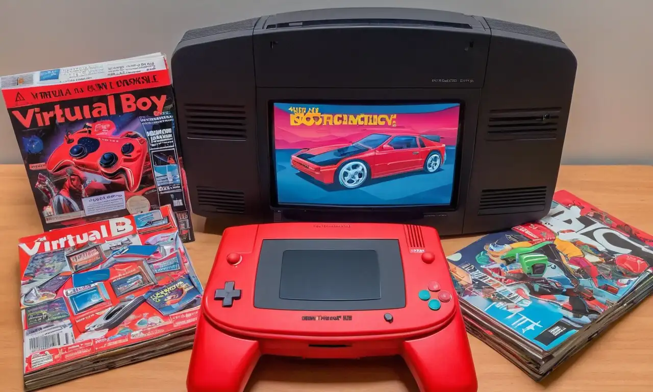 Una persona que sostiene la consola Virtual Boy junto a viejas revistas de juego.