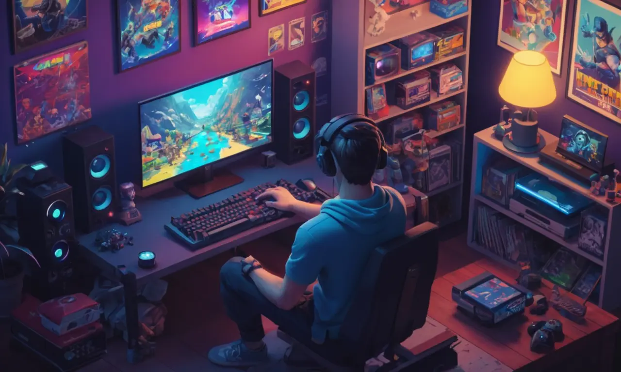 Un jugador sentado frente a un ordenador, rodeado de consolas de juegos retro y carteles de personajes icónicos.