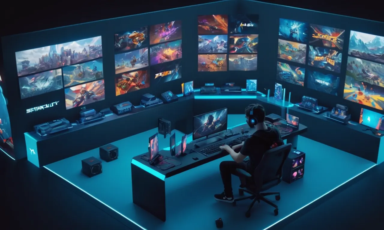 Un jugador rodeado de pantallas de consola 3D con gráficos inmersivos.