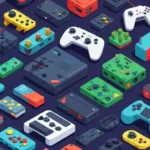 Un collage de captura de pantalla de controladores de consola icónicos rodeado de escenas de juego y personajes.