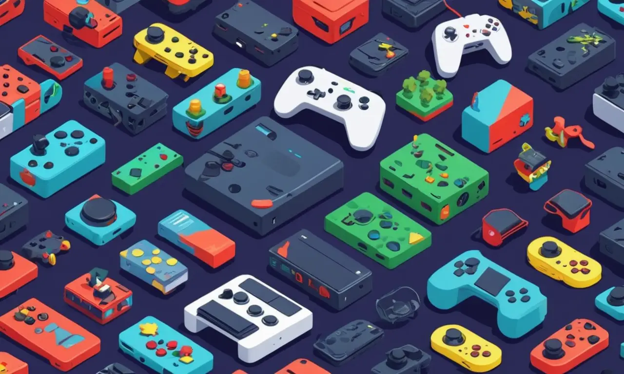 Un collage de captura de pantalla de controladores de consola icónicos rodeado de escenas de juego y personajes.